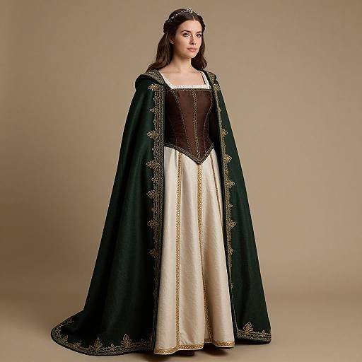 Photograph of a young woman in a medieval-style gown with a dark green, embroidered, floor-length cloak, white satin skirt, and brown corset