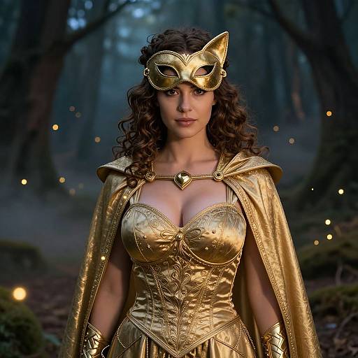 Photograph of a curly-haired woman in a gold masquerade mask, corset, and cape, standing in a mystical forest with glowing fireflies