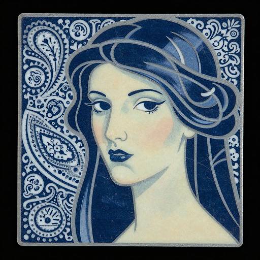 Digital illustration of a fair-skinned woman with blue-black hair and dark lipstick, set against a blue and white paisley background.