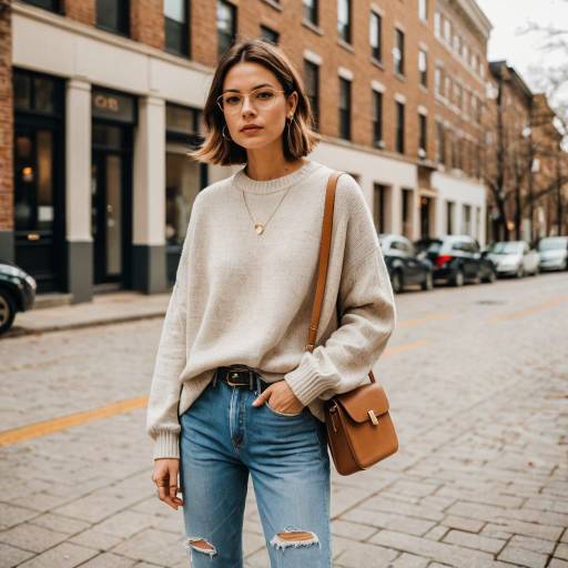 Stylish Woman in Beige Sweater and Distressed Jeans