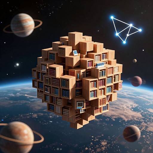 Digital artwork of a geometric, cube-shaped library floating in space with multiple book-filled rooms, surrounded by planets and a constellation.