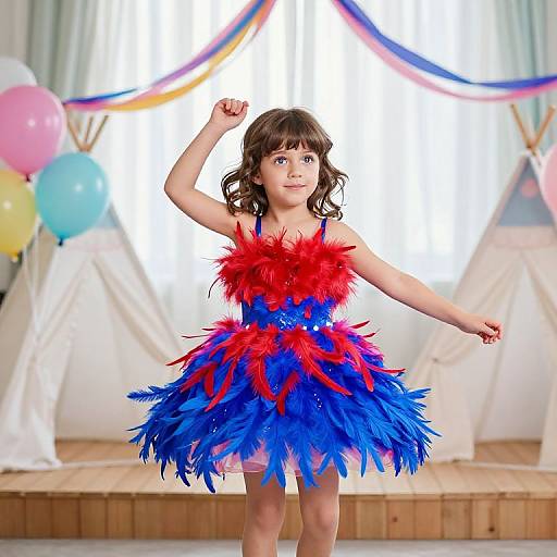 Photograph of a young girl with wavy brown hair, wearing a vibrant red and blue feathered dress, standing in front of white tents and colorful