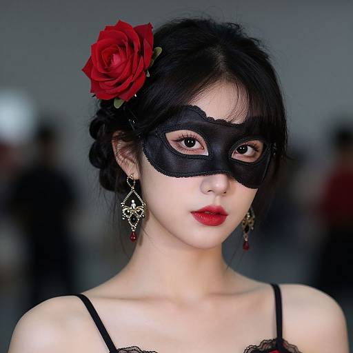 Photograph of an East Asian woman with pale skin, black mask, red rose hair accessory, red lipstick, black lace top, and ornate earrings