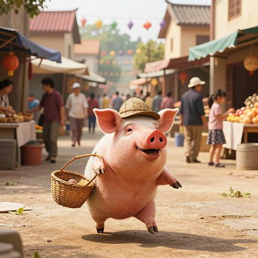 Anthropomorphic Pig in Busy Market