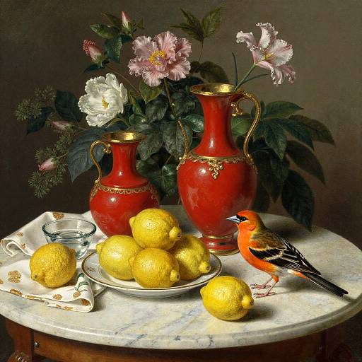 Ornate Vases and Baltimore Oriole Still Life