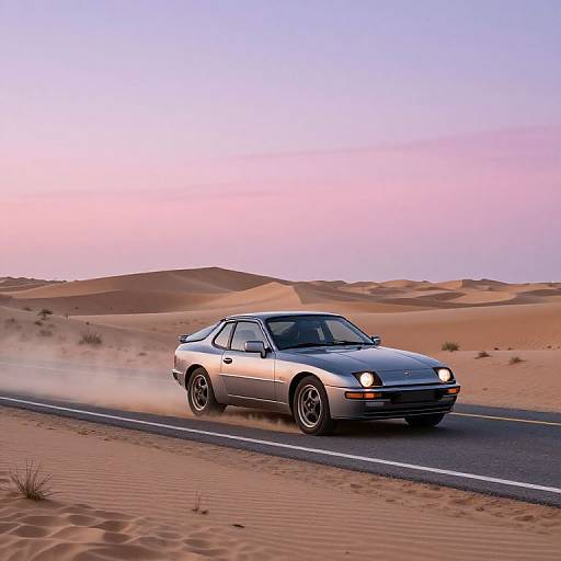 Photograph of a silver, vintage sports car speeding on a desert road, kicking up sand, with rolling sand dunes and a pink-orange sunset sky