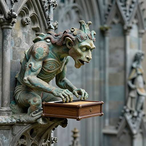 Photograph of a detailed, greenish-gray gargoyle with twisted features, leaning over a wooden box, set against a Gothic stone archway.
