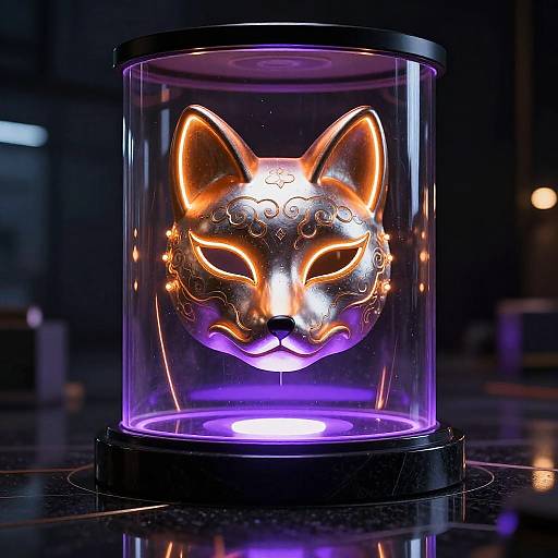 Photograph of a neon fox mask with glowing orange and purple lights, encased in a transparent cylindrical container on a black reflective surface.