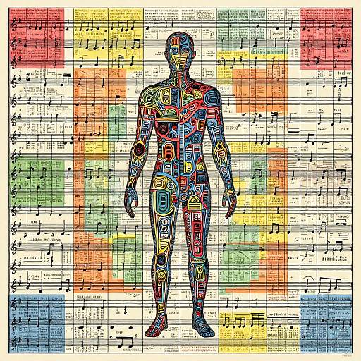 Colorful digital silhouette of a human figure, filled with geometric patterns and musical notes, set against a vibrant, multicolored background.