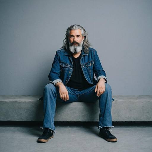 Man in Denim Outfit with Gray Beard Sitting