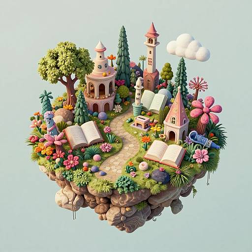 Whimsical 3D digital illustration of a floating island with colorful buildings, trees, open books, flowers, and a windmill on rocky terrain