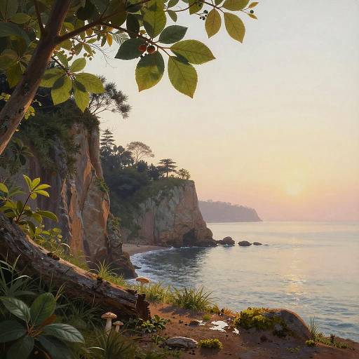 Sunrise Seaside Cliff Gouache Scene