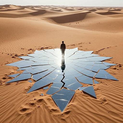 Photograph of a solitary figure standing on a star-shaped, blue mirrored surface in a vast, sunlit, sandy desert landscape.
