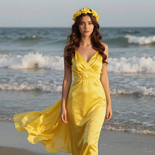 Photograph of a slender woman with long, wavy brown hair wearing a yellow floral crown and flowing yellow dress, standing on a beach with gentle waves