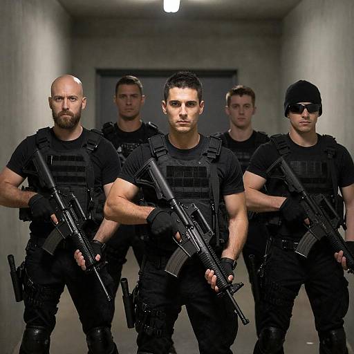 Dimly Lit Hallway with Armed Soldiers