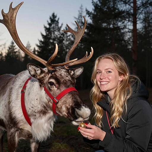 Smiling woman with reindeer in forest