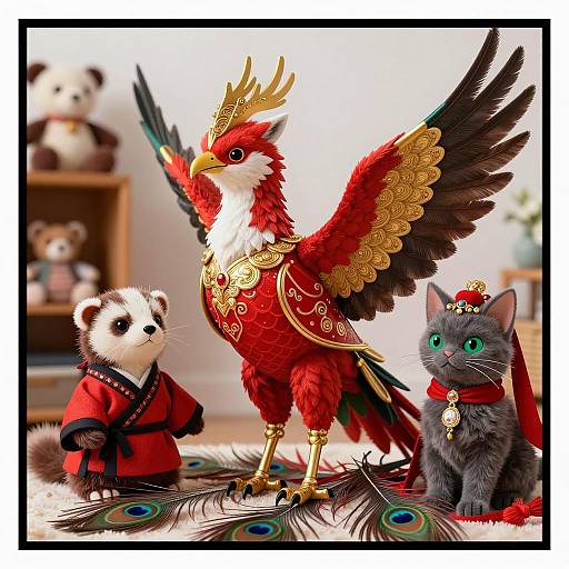 Mythical Armored Bird with Ferret and Cat Plushies