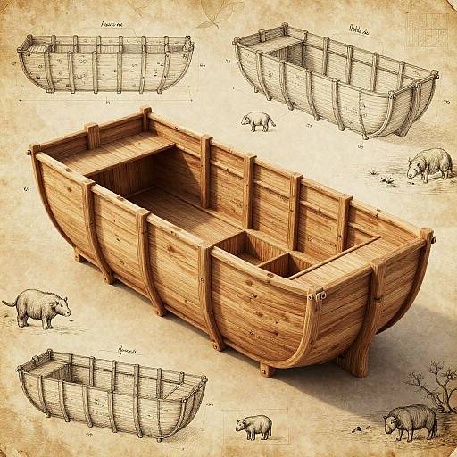 Detailed digital drawing of a wooden boat with multiple views, sketches, and illustrations of pigs around, on a textured beige background.