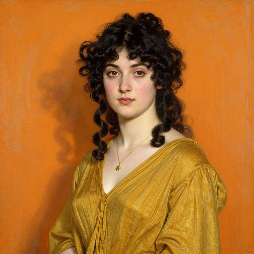 Photorealistic painting of a young woman with curly black hair, fair skin, and brown eyes, wearing a gold, V-neck garment, against an