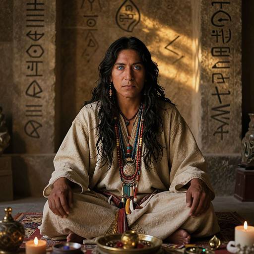 Photograph of a serious-looking indigenous woman with long black hair, wearing traditional beige clothing and colorful necklaces, seated cross-legged on a rug in a