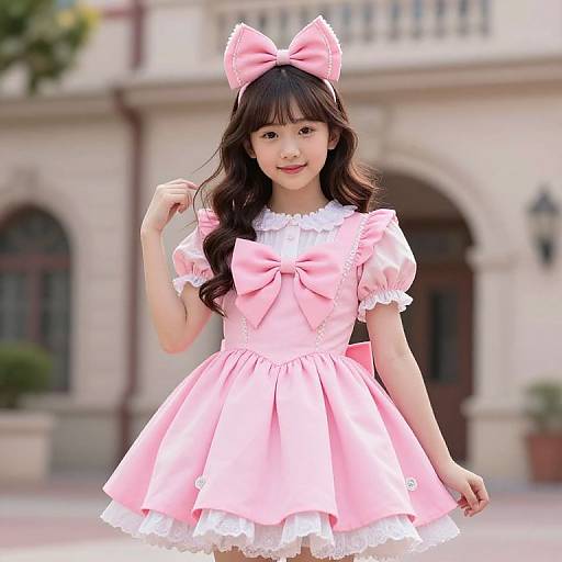 Photograph of an Asian girl with long, wavy black hair, wearing a pink, frilled, vintage-style dress and bow headband, standing