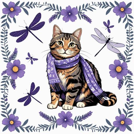 Sleepy Tabby Cat with Lavender Scarf and Dragonfly Border