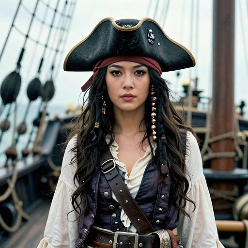 Photograph of an Asian woman with long black hair, wearing a pirate hat, white shirt, and black vest, standing on a ship's deck.