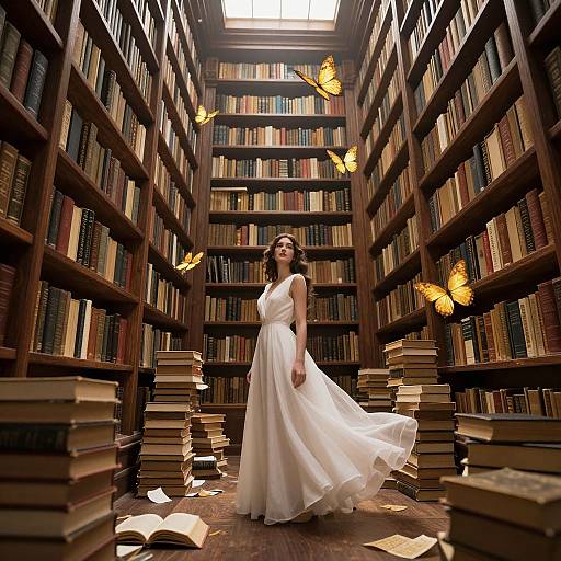 Photograph of a young woman in a flowing white dress standing in a library aisle surrounded by stacked books and glowing butterflies.