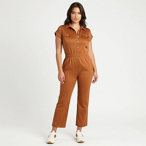 Photograph of a dark-haired woman with medium skin tone, wearing an orange button-up romper and white sneakers, standing against a white background.