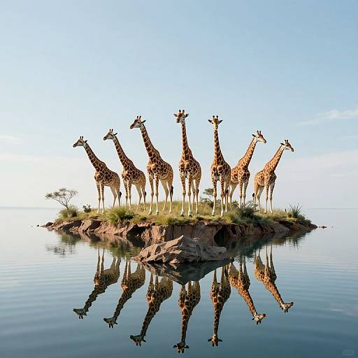 Photograph of seven giraffes standing on a small, rocky island in a calm, reflective water body under a clear blue sky.