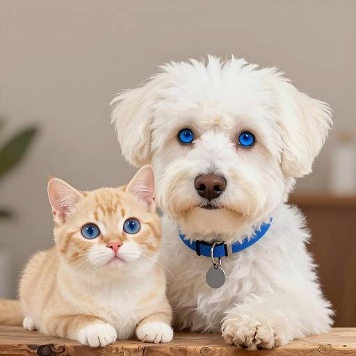 White Dog and Ginger Cat with Blue Eyes