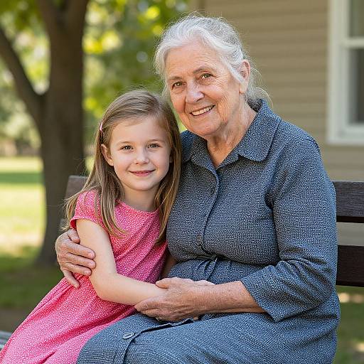 Photograph of an elderly woman with white hair and wrinkles, wearing a blue patterned dress, hugging a young girl with brown hair and a pink