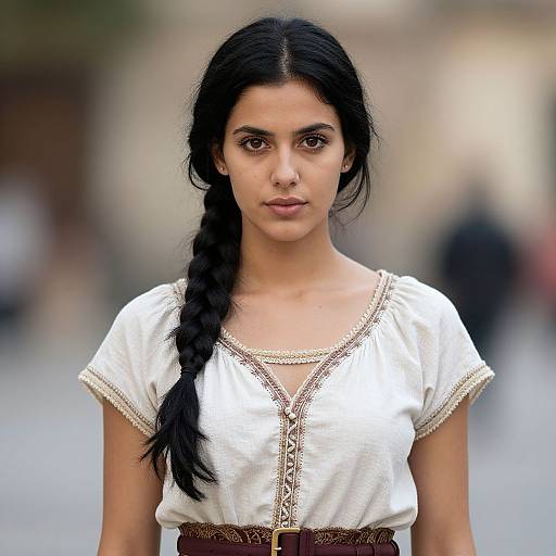 Photograph of a young South Asian woman with long black hair in a braid, wearing a white, short-sleeved, embroidered blouse with a