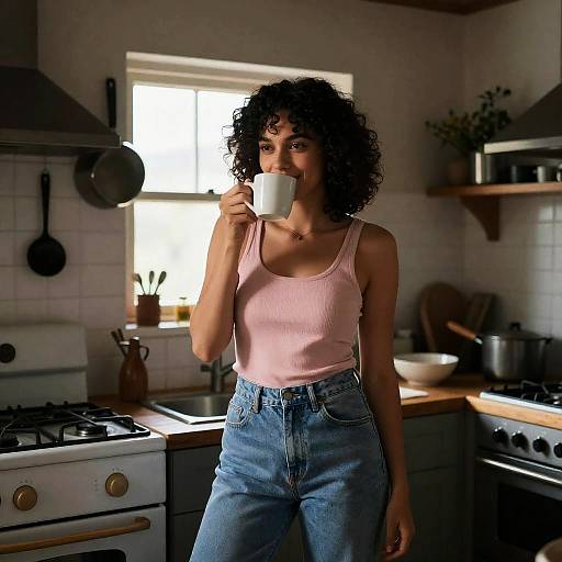 Woman Drinking Coffee in Rustic Kitchen