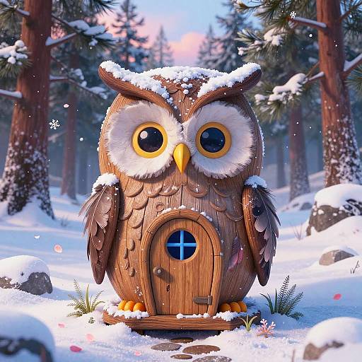CGI image of a wooden, cartoon owl door with large yellow eyes, standing in a snowy forest, surrounded by pine trees.