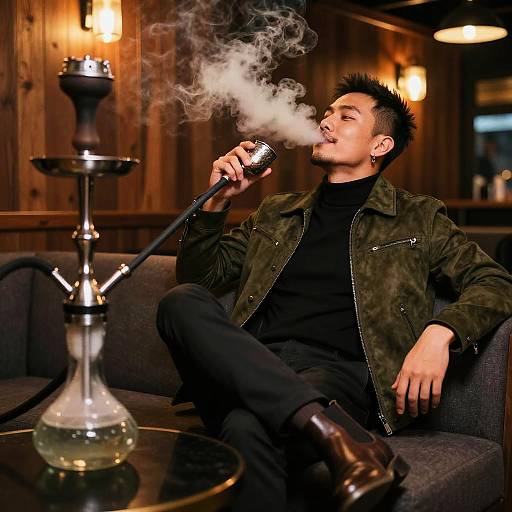 Stylish Man Smoking Shisha at Night