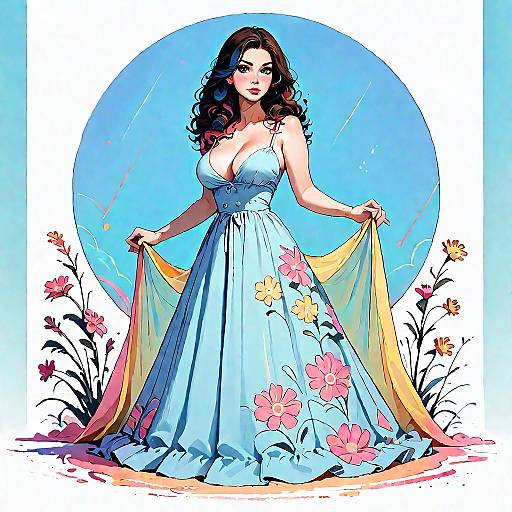 Woman in Floral Sundress with Flowing Skirt