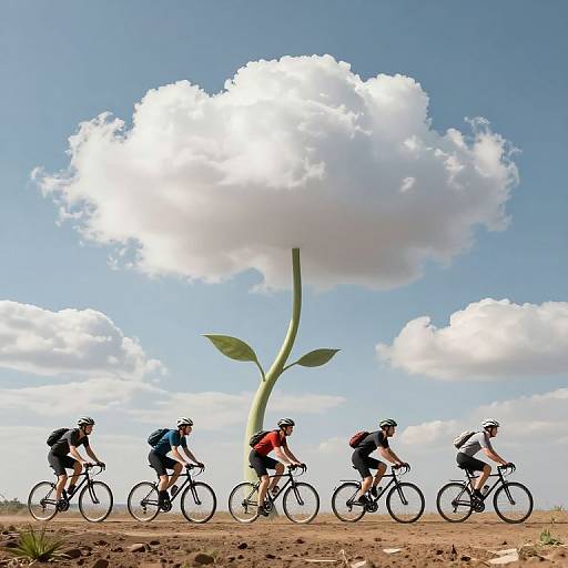 Photograph: Five cyclists in colorful gear ride beneath a towering, cloud-shaped plant with a single stem and leaves, against a blue sky with scattered clouds