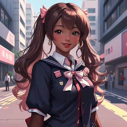 Digital anime-style illustration of a cute, brown-haired girl in a navy school uniform with pink ribbons, standing in a sunny urban street.