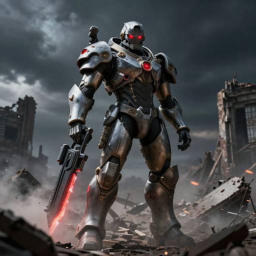 Photorealistic CGI of a towering, silver, armored robot with glowing red eyes, wielding a glowing red sword, standing amidst a ruined, smoke-filled