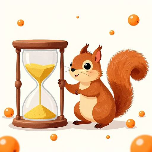 Cartoon squirrel with large eyes and fluffy tail touches hourglass filled with yellow sand, surrounded by orange bubbles, white background.