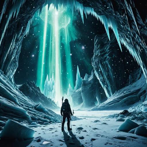 Celestial Hunter in Ice Cavern with Aurora