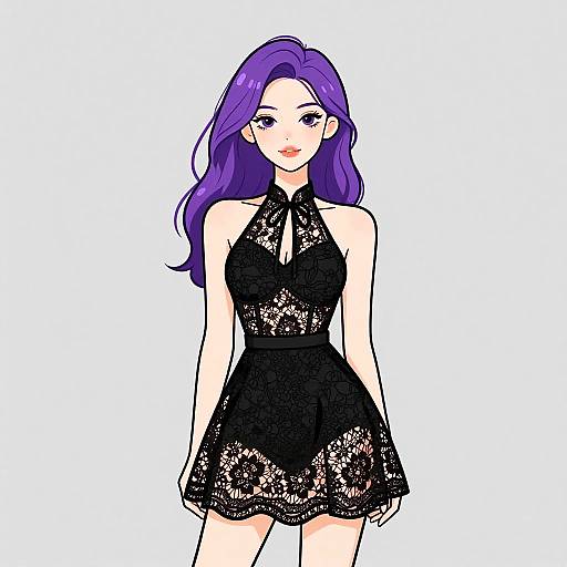 Anime Style Woman in Black Lace Dress