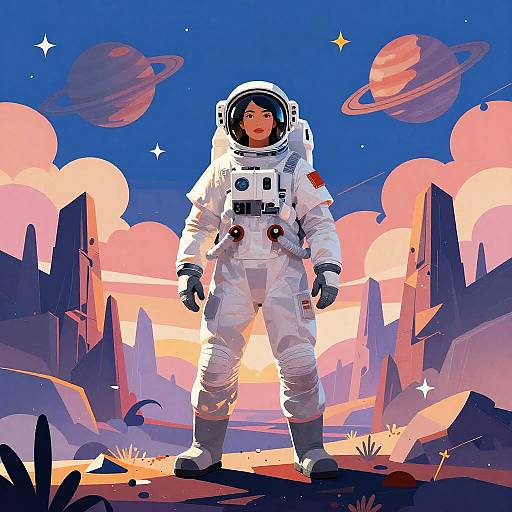 Digital illustration of a female astronaut in a white spacesuit standing on a colorful, cratered planet with pink clouds and two ringed planets in the vibrant