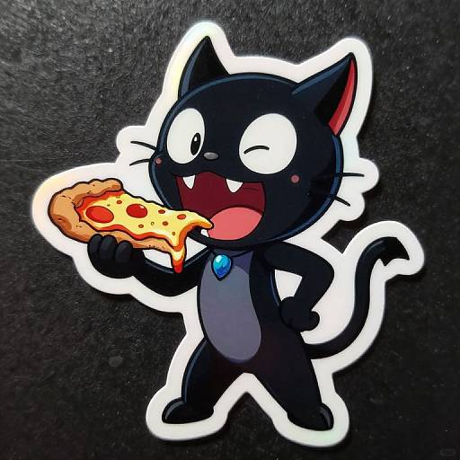 Cartoon black cat with wide eyes, winking, holding slice of pepperoni pizza, blue gem necklace, standing against textured black background.