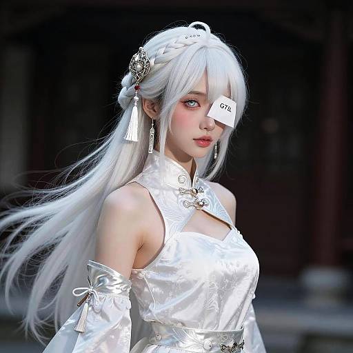 Digital art of a white-haired anime girl with braided crown, wearing silver armor and eye patch, adorned with tassels, against dark background.