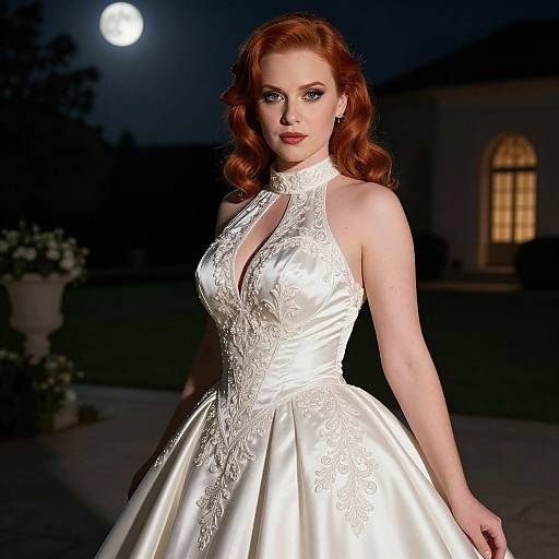 Photograph of a fair-skinned red-haired woman in an elegant, white, lace-embroidered, halter-neck gown, standing outdoors at