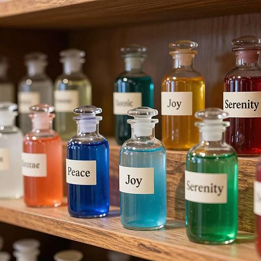 Photograph of colorful glass bottles labeled 