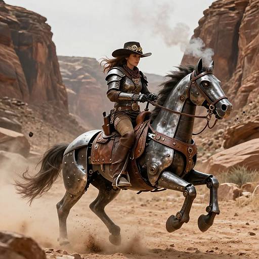 Photorealistic digital art of a warrior woman in shiny black armor riding a galloping black horse through a dusty desert canyon.