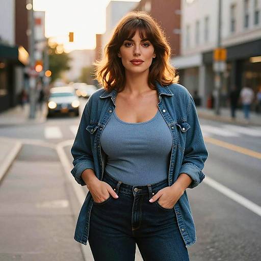 Photograph of a confident woman with wavy brown hair, wearing a blue denim jacket over a gray tank top and black jeans, standing on a sun